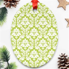 White On Spring Green Damask Oval Ornament