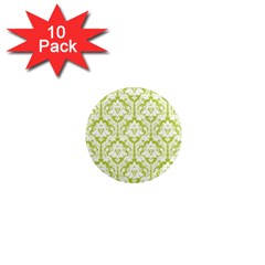 White On Spring Green Damask 1  Mini Button Magnet (10 pack)