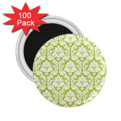 White On Spring Green Damask 2 25  Button Magnet (100 Pack) by Zandiepants