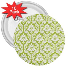 White On Spring Green Damask 3  Button (10 Pack) by Zandiepants