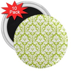 White On Spring Green Damask 3  Button Magnet (10 Pack) by Zandiepants