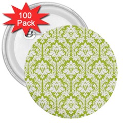 White On Spring Green Damask 3  Button (100 Pack) by Zandiepants