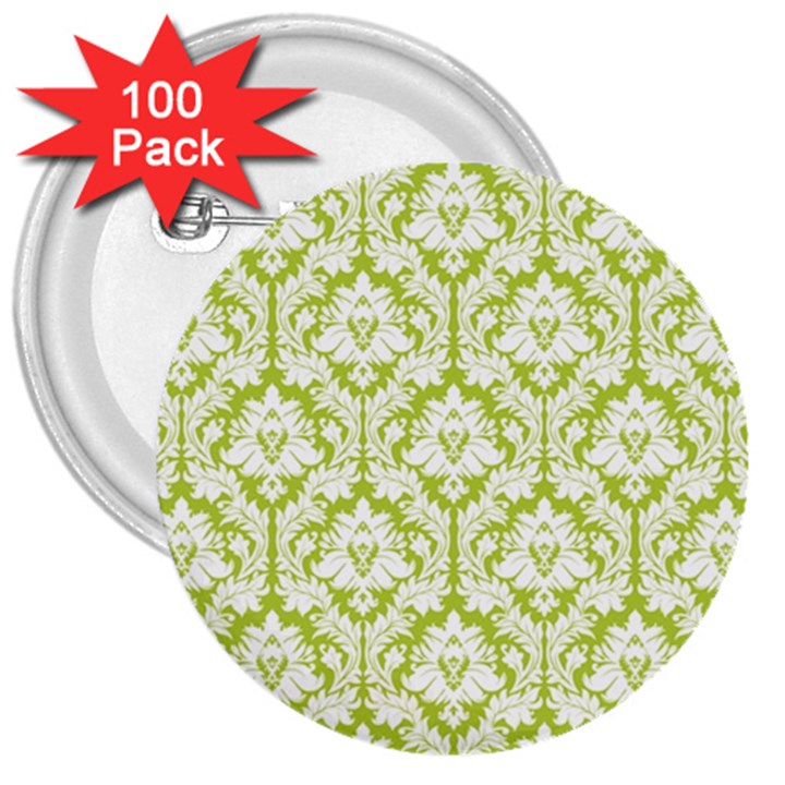 White On Spring Green Damask 3  Button (100 pack)