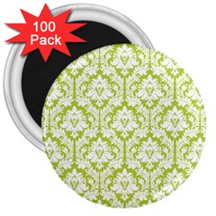 White On Spring Green Damask 3  Button Magnet (100 Pack) by Zandiepants