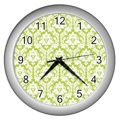 White On Spring Green Damask Wall Clock (silver) by Zandiepants