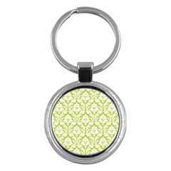 White On Spring Green Damask Key Chain (round) by Zandiepants