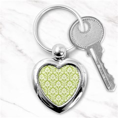 White On Spring Green Damask Key Chain (heart) by Zandiepants