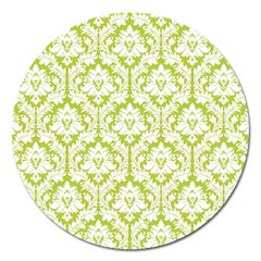 White On Spring Green Damask Magnet 5  (round) by Zandiepants