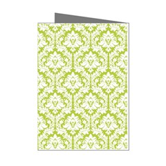 White On Spring Green Damask Mini Greeting Card (8 Pack)