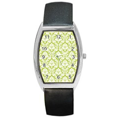 White On Spring Green Damask Tonneau Leather Watch