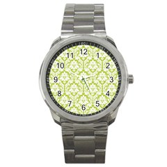 White On Spring Green Damask Sport Metal Watch