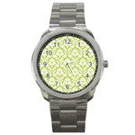 White On Spring Green Damask Sport Metal Watch Front