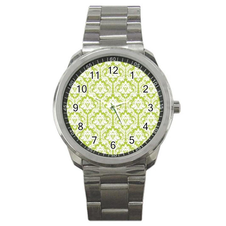 White On Spring Green Damask Sport Metal Watch