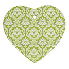 White On Spring Green Damask Heart Ornament (two Sides) by Zandiepants