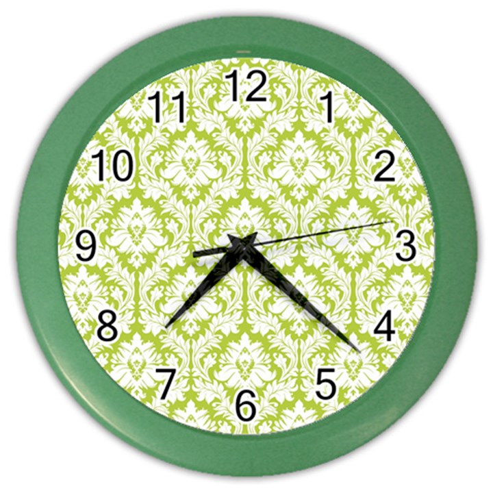 White On Spring Green Damask Wall Clock (Color)