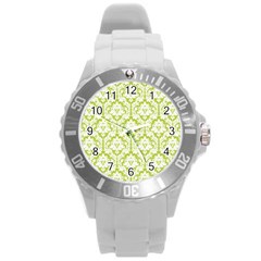 White On Spring Green Damask Plastic Sport Watch (large) by Zandiepants