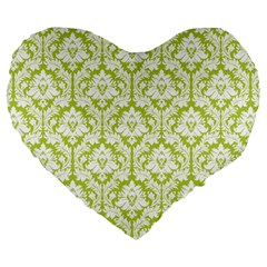 Spring Green Damask Pattern Large 19  Premium Heart Shape Cushion