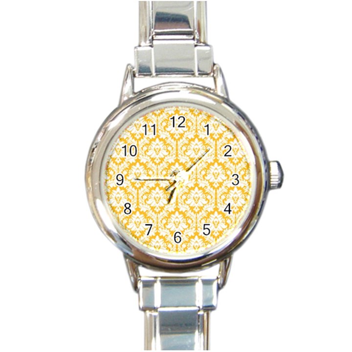 White On Sunny Yellow Damask Round Italian Charm Watch