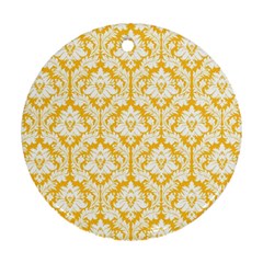 White On Sunny Yellow Damask Round Ornament by Zandiepants