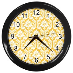 White On Sunny Yellow Damask Wall Clock (black) by Zandiepants