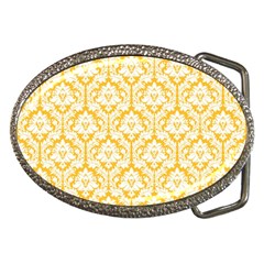 White On Sunny Yellow Damask Belt Buckle (oval) by Zandiepants