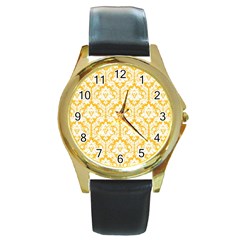 White On Sunny Yellow Damask Round Leather Watch (gold Rim)  by Zandiepants