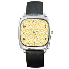 White On Sunny Yellow Damask Square Leather Watch by Zandiepants