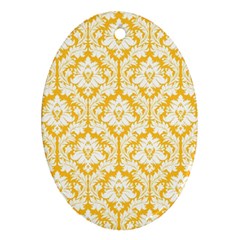 White On Sunny Yellow Damask Oval Ornament (two Sides) by Zandiepants