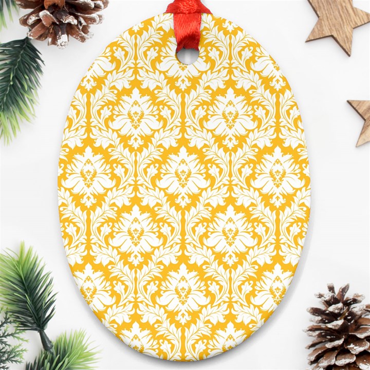 White On Sunny Yellow Damask Oval Ornament (Two Sides)