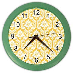 White On Sunny Yellow Damask Wall Clock (color) by Zandiepants