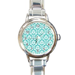 White On Turquoise Damask Round Italian Charm Watch by Zandiepants