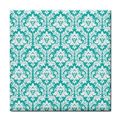 White On Turquoise Damask Ceramic Tile by Zandiepants