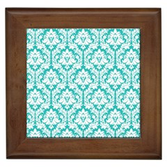 White On Turquoise Damask Framed Ceramic Tile by Zandiepants