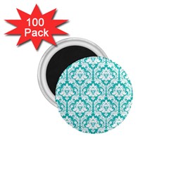 White On Turquoise Damask 1 75  Button Magnet (100 Pack) by Zandiepants