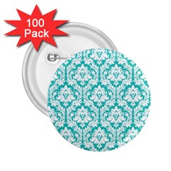 White On Turquoise Damask 2 25  Button (100 Pack) by Zandiepants