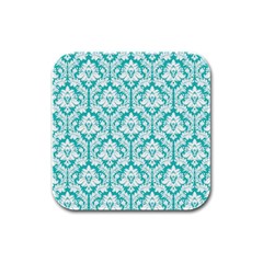 White On Turquoise Damask Drink Coasters 4 Pack (square) by Zandiepants