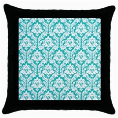 White On Turquoise Damask Black Throw Pillow Case by Zandiepants