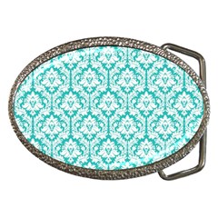 White On Turquoise Damask Belt Buckle (oval) by Zandiepants