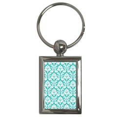 White On Turquoise Damask Key Chain (rectangle) by Zandiepants