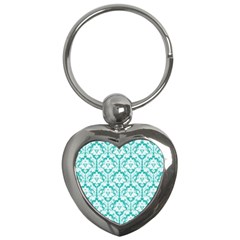 White On Turquoise Damask Key Chain (heart) by Zandiepants