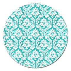 White On Turquoise Damask Magnet 5  (round) by Zandiepants