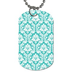 White On Turquoise Damask Dog Tag (one Sided) by Zandiepants