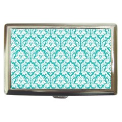 White On Turquoise Damask Cigarette Money Case by Zandiepants