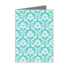 White On Turquoise Damask Mini Greeting Card by Zandiepants