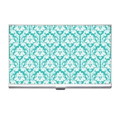 White On Turquoise Damask Business Card Holder by Zandiepants