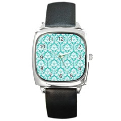 White On Turquoise Damask Square Leather Watch by Zandiepants