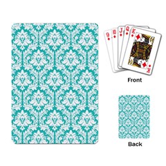 White On Turquoise Damask Playing Cards Single Design by Zandiepants