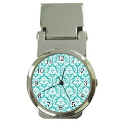 White On Turquoise Damask Money Clip With Watch by Zandiepants