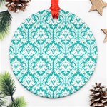 White On Turquoise Damask Round Ornament (Two Sides) Front