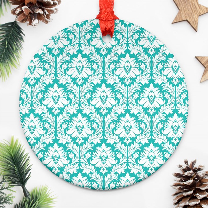 White On Turquoise Damask Round Ornament (Two Sides)